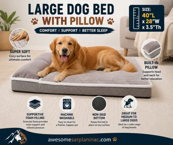 Large dog bed with pillow in a modern living room with a dog lying on the soft mattress-style bed