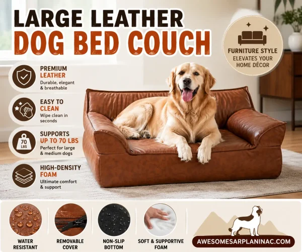 Large leather dog bed couch for medium and large dogs resting indoors