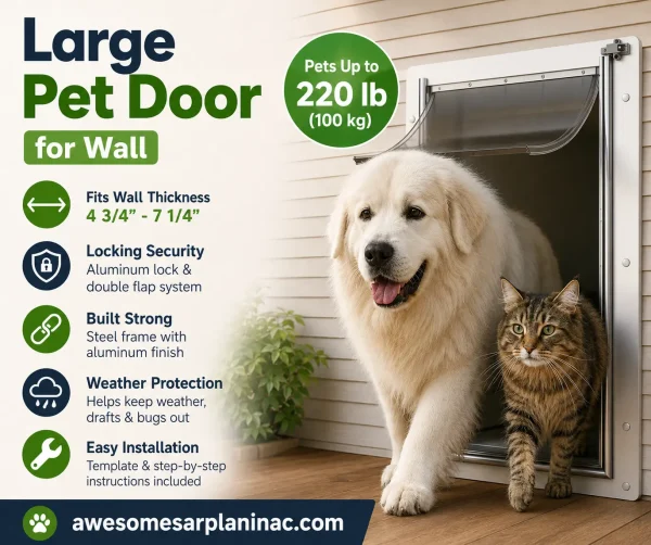 Great Pyrenees dog and long-haired cat standing by a wall-mounted Baboni pet door for pets up to 220 lb (100 kg).