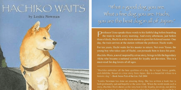 Front and back covers of the book Hachiko Waits by Leslea Newman featuring an illustration of an Akita dog.