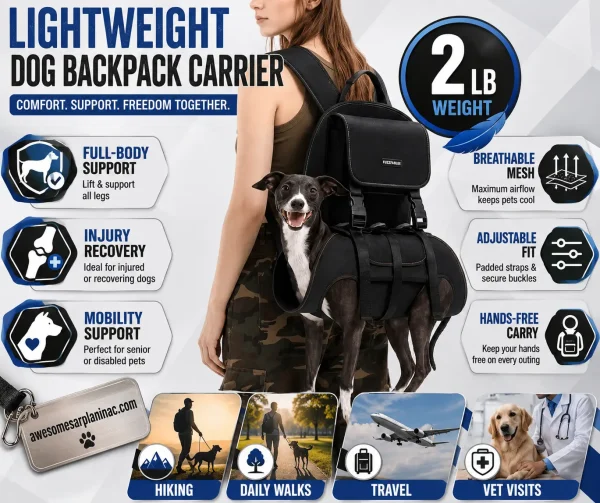 Italian Greyhound in a lightweight dog backpack carrier featuring full-body support, breathable mesh panels, adjustable straps, and a hands-free design for hiking, travel, daily walks, and vet visits.