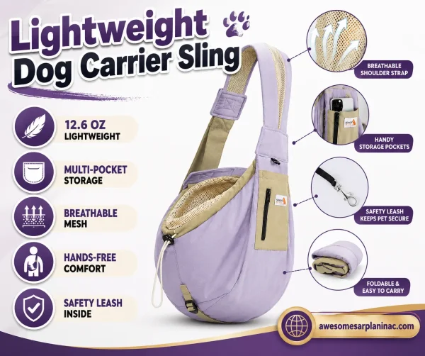 Lightweight dog carrier sling with breathable mesh shoulder strap, storage pockets, safety leash, and hands-free design for small dogs and cats, shown with a Chihuahua.