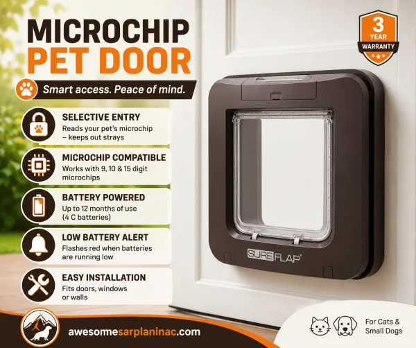Microchip pet door with RFID access, magnetic flap seal, battery-powered locking system, and selective entry for cats and small dogs