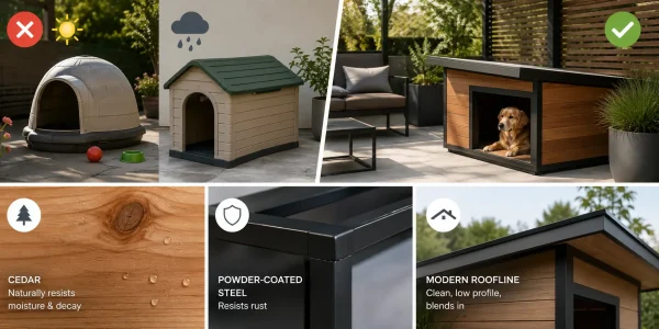 Comparison of traditional plastic dog houses and a modern patio dog house featuring cedar panels, a powder-coated steel frame, and a low-profile roof design.
