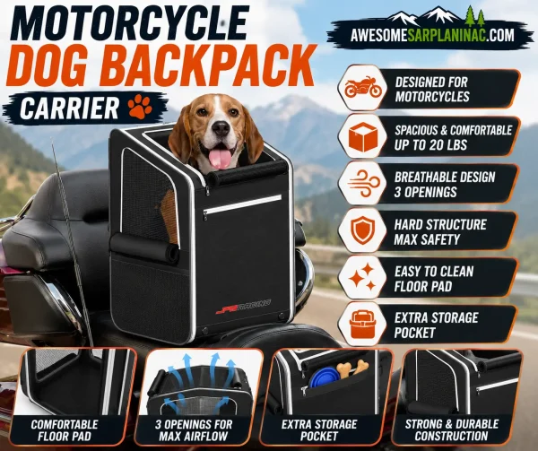 Motorcycle dog carrier backpack mounted on a touring motorcycle seat, featuring a breathable three-opening design, hard protective structure, extra storage pocket, and comfortable interior for small dogs up to 20 lbs, shown with a Beagle.