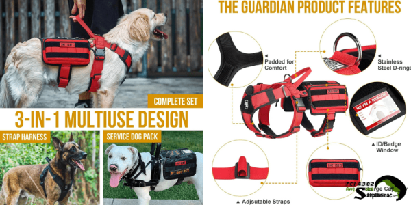 The OneTigris Tactical Dog Vest in red, showing the saddle bags (EDC pouches) for carrying supplies, 1000D Nylon material, stainless steel D-rings, and the clear ID badge window.