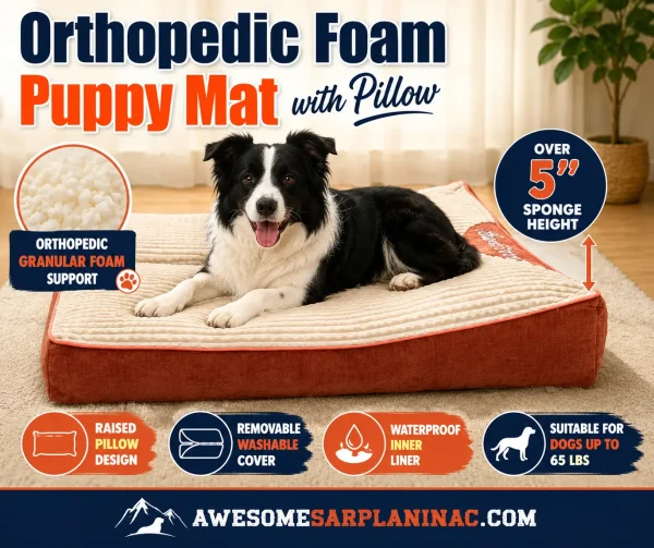 Orthopedic foam puppy mat with pillow and washable cover for dogs up to 65 lbs