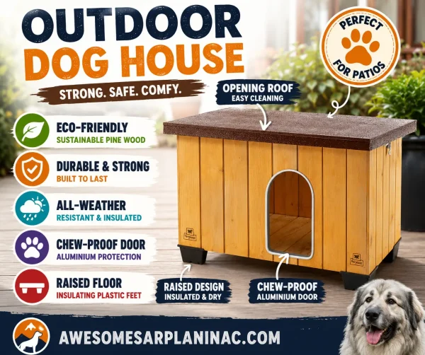 Modern outdoor dog house with opening roof, chew-proof aluminum door, raised insulated floor, and weather-resistant wood design for patios