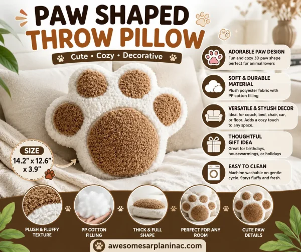 Brown paw shaped throw pillow with plush fabric and soft PP cotton filling placed on a cozy couch