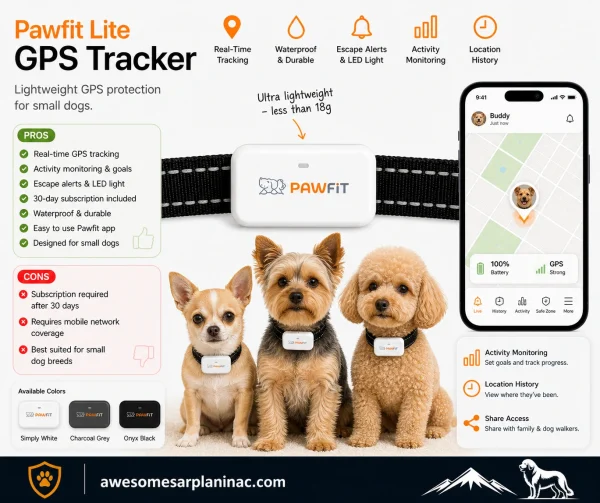 Pawfit Lite GPS tracker on Chihuahua, Yorkshire Terrier and Toy Poodle wearing collars with tracking app.