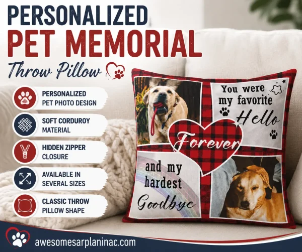Custom dog remembrance pillow with photo collage, corduroy fabric, and plaid heart design placed on a beige sofa
