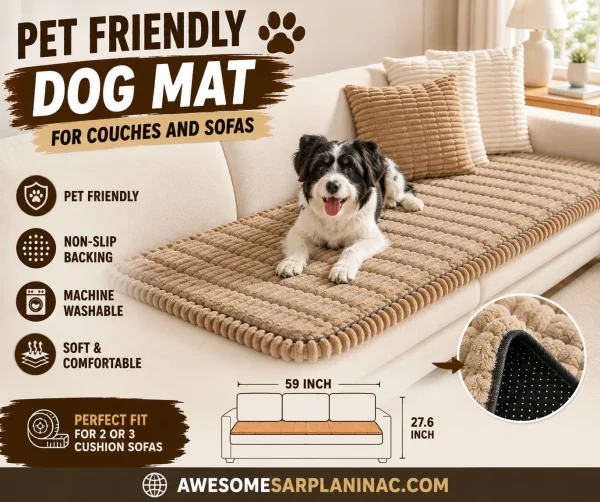 Black and white Border Collie lying on a beige pet friendly dog mat for couches and sofas with non-slip backing