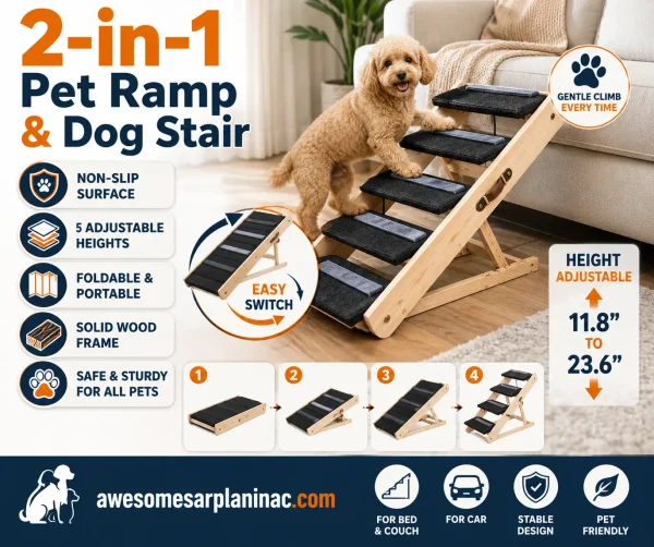 2-in-1 wooden dog stairs and pet ramp with non-slip steps for beds and couches