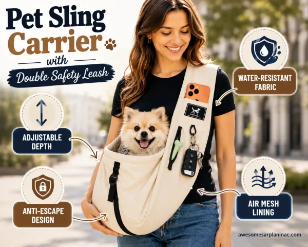 Pomeranian dog sitting in a pet sling carrier with double safety leash, adjustable depth, breathable mesh lining, and water-resistant fabric.