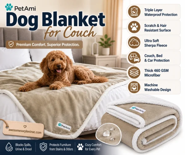 Apricot Poodle lying on a beige PetAmi waterproof dog blanket placed on a white bed indoors, featuring soft sherpa fleece lining and furniture protection design.