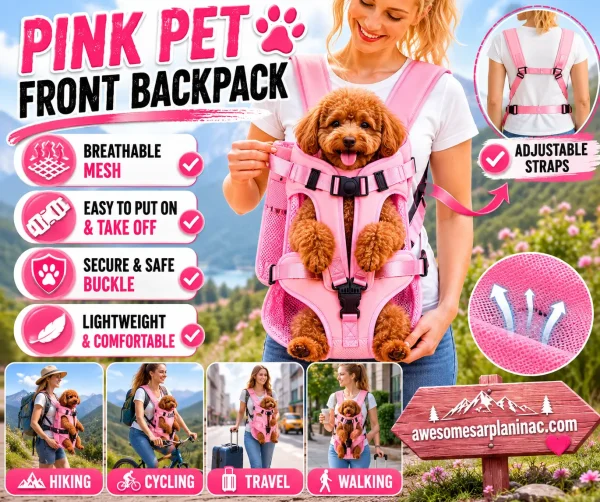 Pink pet front backpack with breathable mesh panels, adjustable straps, padded support, and a hands-free design that keeps small and medium dogs secure and comfortable during walks, travel, hiking, and everyday outings.