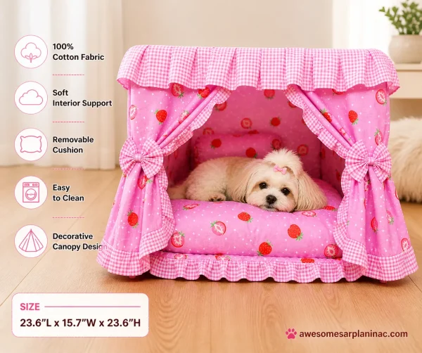 small maltese dog lying in pink strawberry canopy dog bed