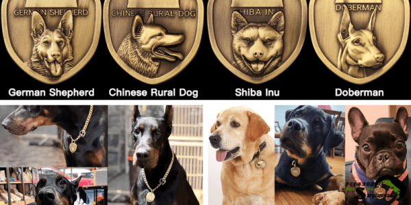 Close-up of the Unique 3D Relief Dog Tag, showing solid brass construction with an embossed dog head design, crafted through 20 steps for anti-corrosion protection.
