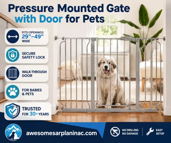 Large white Sarplaninac dog behind a pressure-mounted metal dog gate with walk-through door inside a hallway