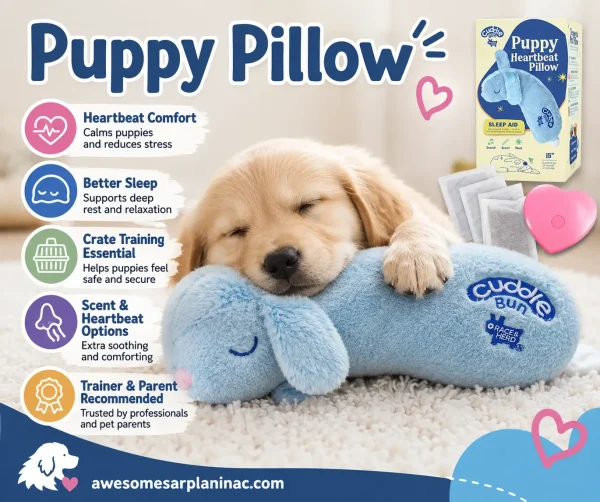 Blue puppy pillow heartbeat toy for calmer sleep, crate training, and puppy comfort indoors