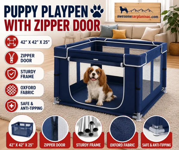 Cavalier King Charles Spaniel puppy sitting inside a blue puppy playpen with zipper door, mesh sides, sturdy frame, and anti-tipping design for indoor pet containment.
