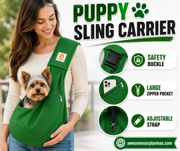 Green puppy sling carrier with adjustable strap, safety buckle, and zippered storage pocket for small dogs.