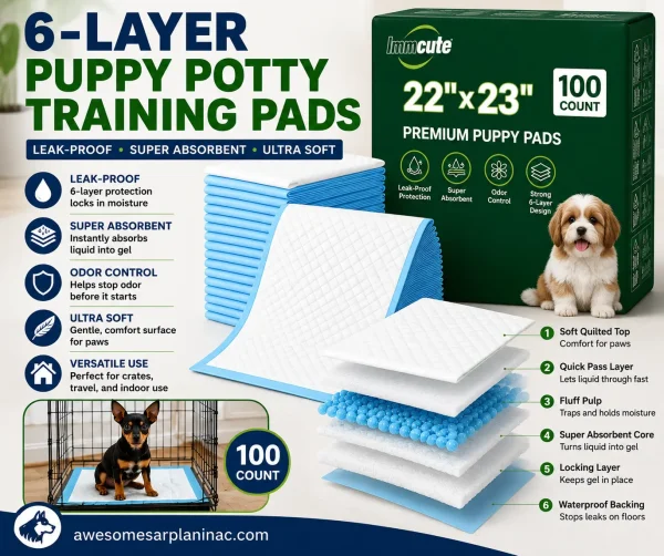 6-layer waterproof puppy training pads with leak-proof absorbent layers, small white puppy, Shih Tzu puppy, and Miniature Pinscher in indoor potty training