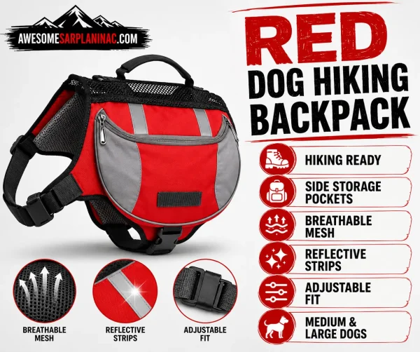 Dog hiking backpack harness with side pockets, adjustable fit, reflective details, breathable mesh, and storage for water, treats, and dog gear.