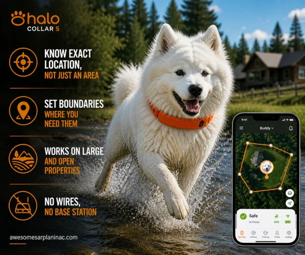 Samoyed dog running with Halo Collar 5 GPS dog fence and tracking system in open outdoor area.