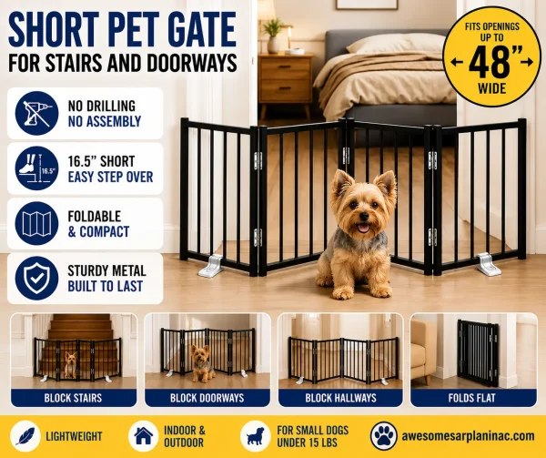 Short black metal pet gate for stairs and doorways with a Yorkshire Terrier dog standing in front of a foldable freestanding barrier inside a small apartment