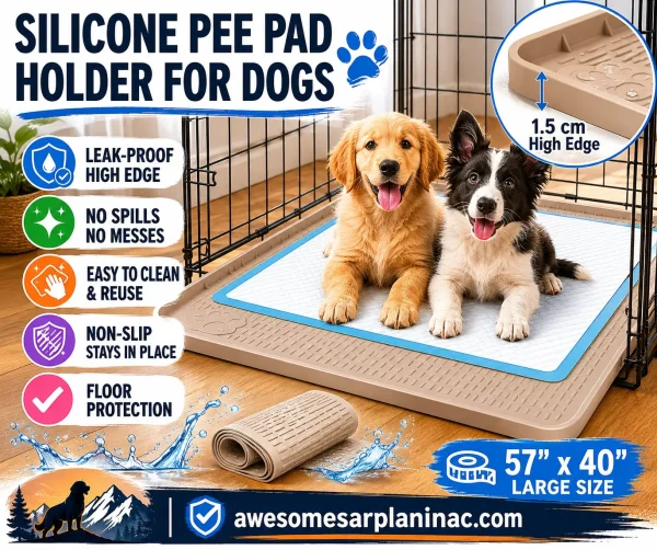 Silicone pee pad holder for dogs with raised leak-proof edge and washable pee pad inside metal dog crate on hardwood floor