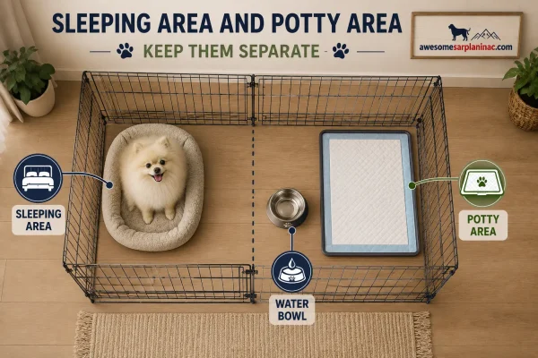 Top-down dog playpen layout showing a Pomeranian with a bed on one side, a pee pad on the opposite side, and a water bowl between the two areas