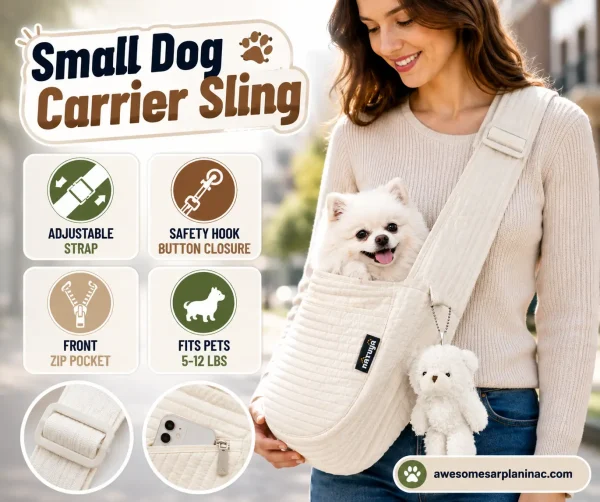 Small Dog Carrier Sling with white Pomeranian in an adjustable cotton pet sling featuring a safety hook, button closure, and front zip pocket.