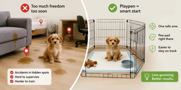 Small breed puppy in a playpen with a pee pad compared to a puppy with too much freedom during potty training
