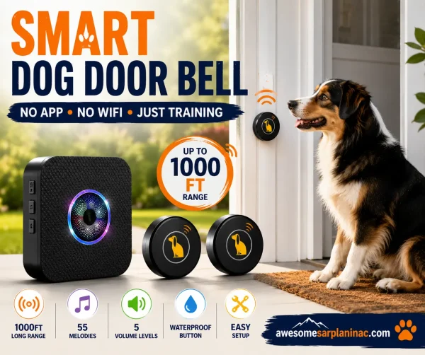 Australian Shepherd using a wireless dog door bell with easy setup, adjustable volume, and long-range indoor receiver for potty training