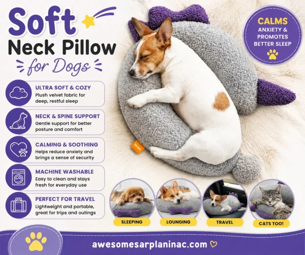Soft neck pillow for dogs with Chihuahua, Bulldog, Jack Russell Terrier, and cat resting on calming plush support pillow