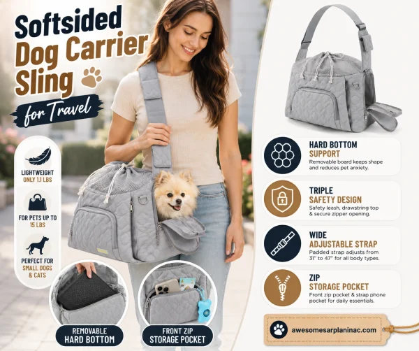 Pomeranian dog sitting in a gray softsided dog carrier sling with hard bottom support, adjustable shoulder strap, safety features, and storage pockets for travel.