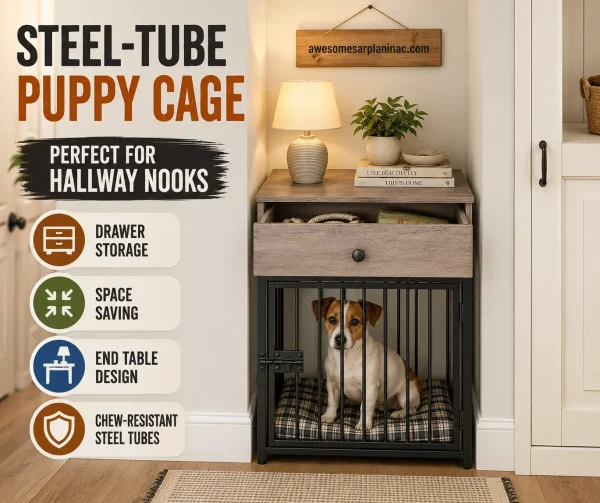 Space-saving steel-tube puppy cage with drawer storage, tabletop design, and chew-resistant steel bars. Hallway nook dog crate furniture featuring a Jack Russell Terrier in a compact indoor setup.