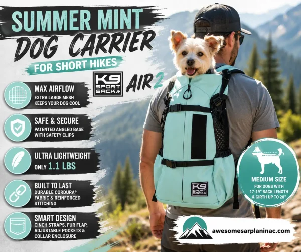 K9 Sport Sack Air 2 Summer Mint dog carrier backpack for Beagles, Corgis, French Bulldogs, Shiba Inus and Terriers with breathable mesh panels and lightweight design for walks and short hikes