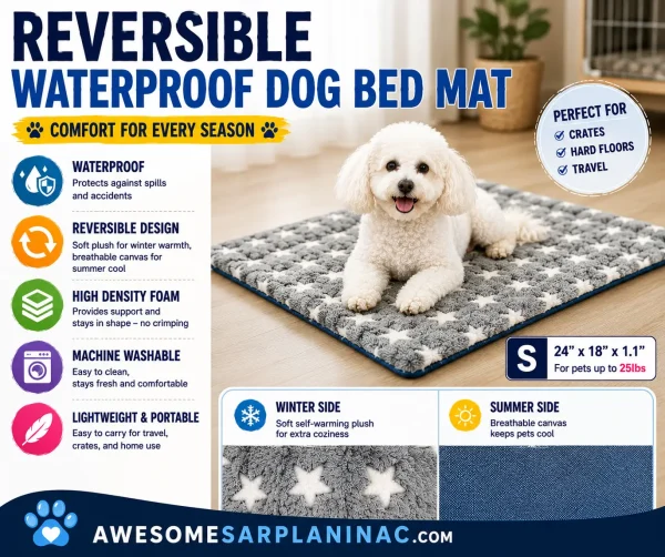 Bichon Frise lying on a reversible waterproof dog bed mat for crates and hard floors.