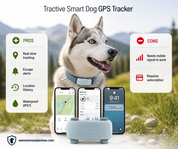 GPS device attached to a Husky collar with mobile tracking app visible.