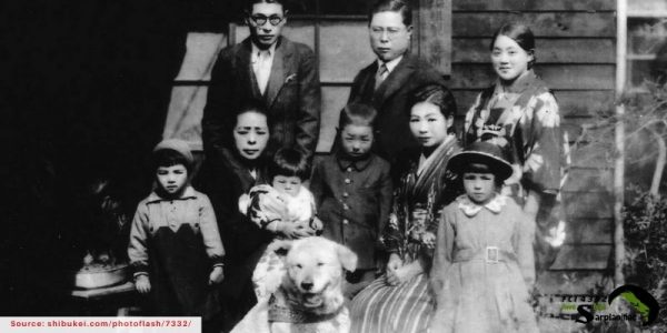 Rare historical photo of Professor Hidesaburo Ueno and his family with young Hachiko in Japan.