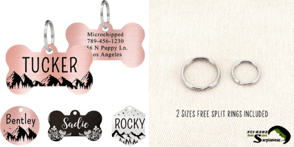 Ultra Joys Bone Shape Dog ID Tag in rose gold stainless steel, featuring a permanent mountain graphic and space for microchip details on the back, with two free split rings included.