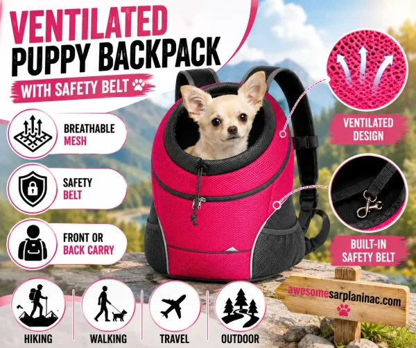 Chihuahua in a ventilated puppy backpack with breathable mesh, built-in safety belt, adjustable straps, and lightweight support for hiking, walking, travel, and outdoor adventures.