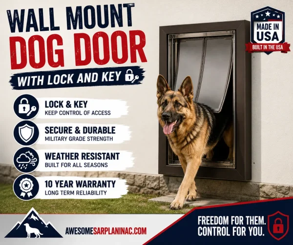 Large bronze wall mount dog door with magnetic flap, aluminum frame, and lock system