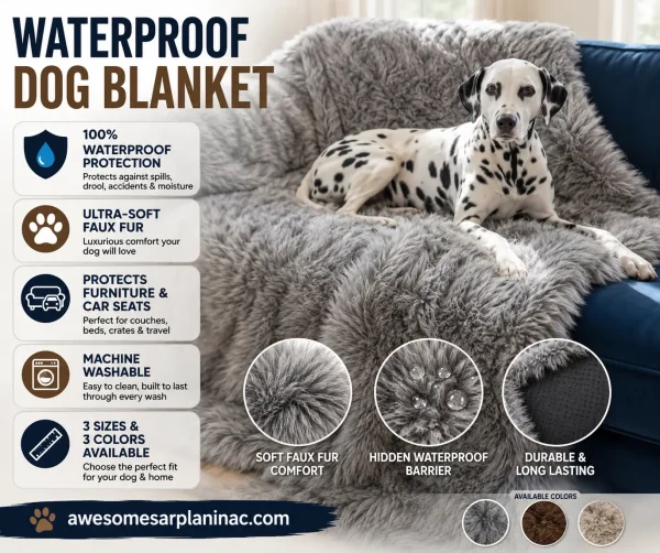 Dalmatian dog resting on a gray waterproof faux fur dog blanket spread across a blue sofa in a bright living room. Soft plush texture, furniture protection design, machine washable pet blanket for couches and beds.