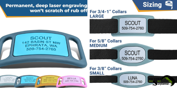 Rectangular, soundless, 100% silicone, slide-on dog tag that prevents snagging and is safer for mountain dogs in dense terrain.