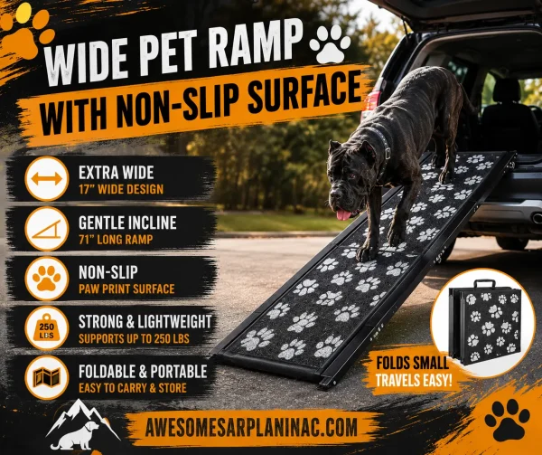 Wide folding pet ramp with a non-slip surface for large and senior dogs getting into SUVs, trucks, beds, and couches.