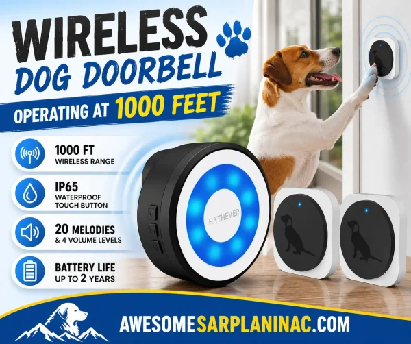 Beagle dog using a wireless dog doorbell with 1000 ft range, waterproof touch button, indoor receiver, and adjustable sound settings.