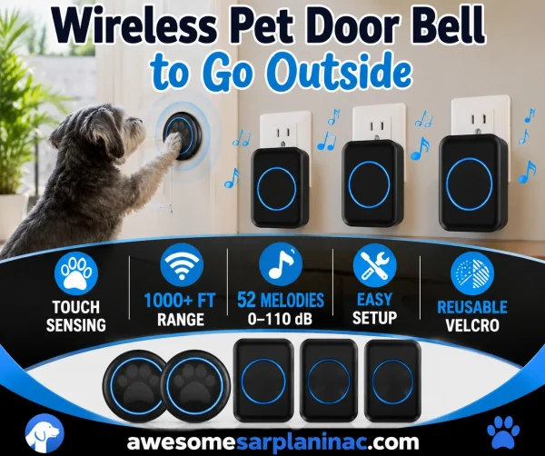 Miniature Schnauzer using a wireless pet door bell for potty training with waterproof touch button and plug-in receivers